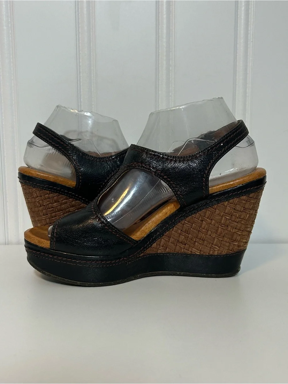 Naya eternal espadrille Wedge Sandals - Black Leather Open Toe